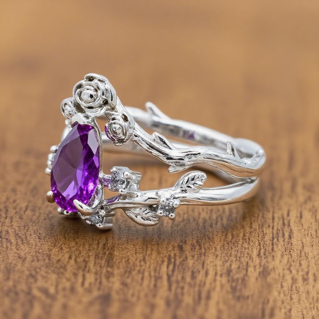 Women's teardrop shape gemstone engagement ring set ruby, sapphire, emerald, amethyst turquoise birthstone 925 silver flower design ring, unique bridal wedding ring, size 4-16