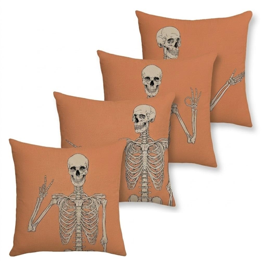 PRK 14 Cushion Covers 4 pcs Halloween Persian Orange Skeleton Bones Gothic Pillow Throws for Livingroom Bedroom Couples Sofa Horror Scary Pillowcase Set 45 x 45cm
