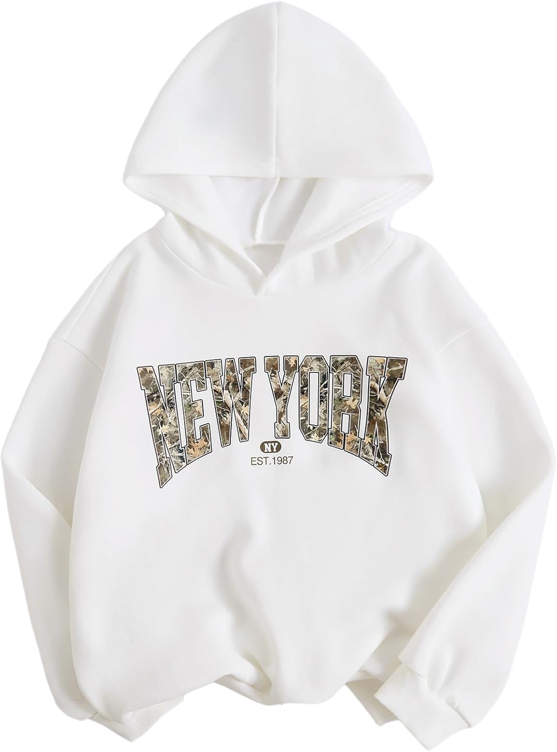 COZYEASE Girl's Letter Camo Graphic Hooded Sweatshirt Long Sleeve Drop Shoulder Hoodie 2025 Fall Outfits Pullover Tops