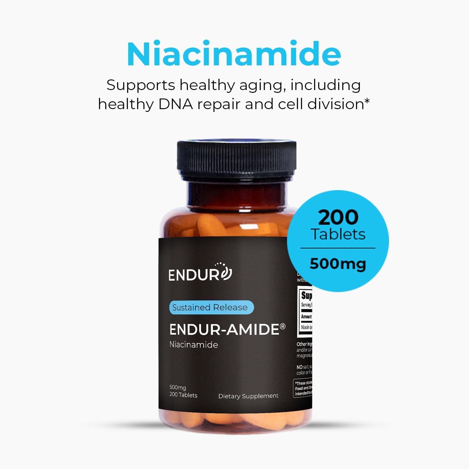 Endurance Products ENDUR-Amide - Niacinamide - SR (Sustained Release) 500 mg - Supports Skin & Cellular Health - High-Potency - Optimal 5–7 Hour Targeted Delivery - 200 Tablets