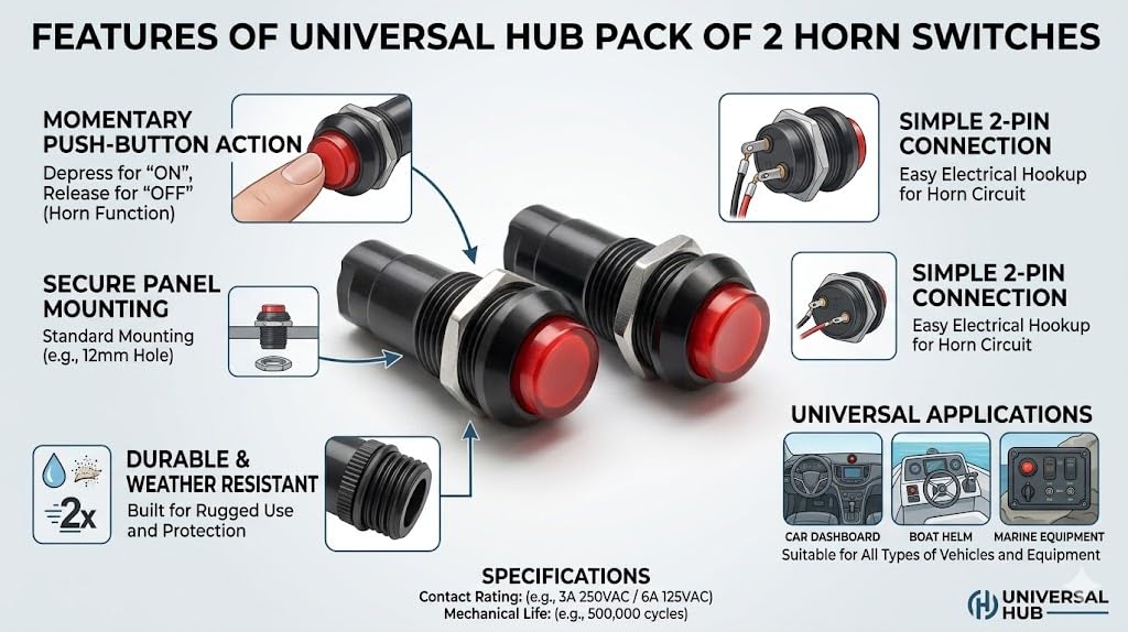 UNIVERSAL HUB pack of 2 Switches 2 pin Push Button Horn Switch for Car Boat Marine Universal 4