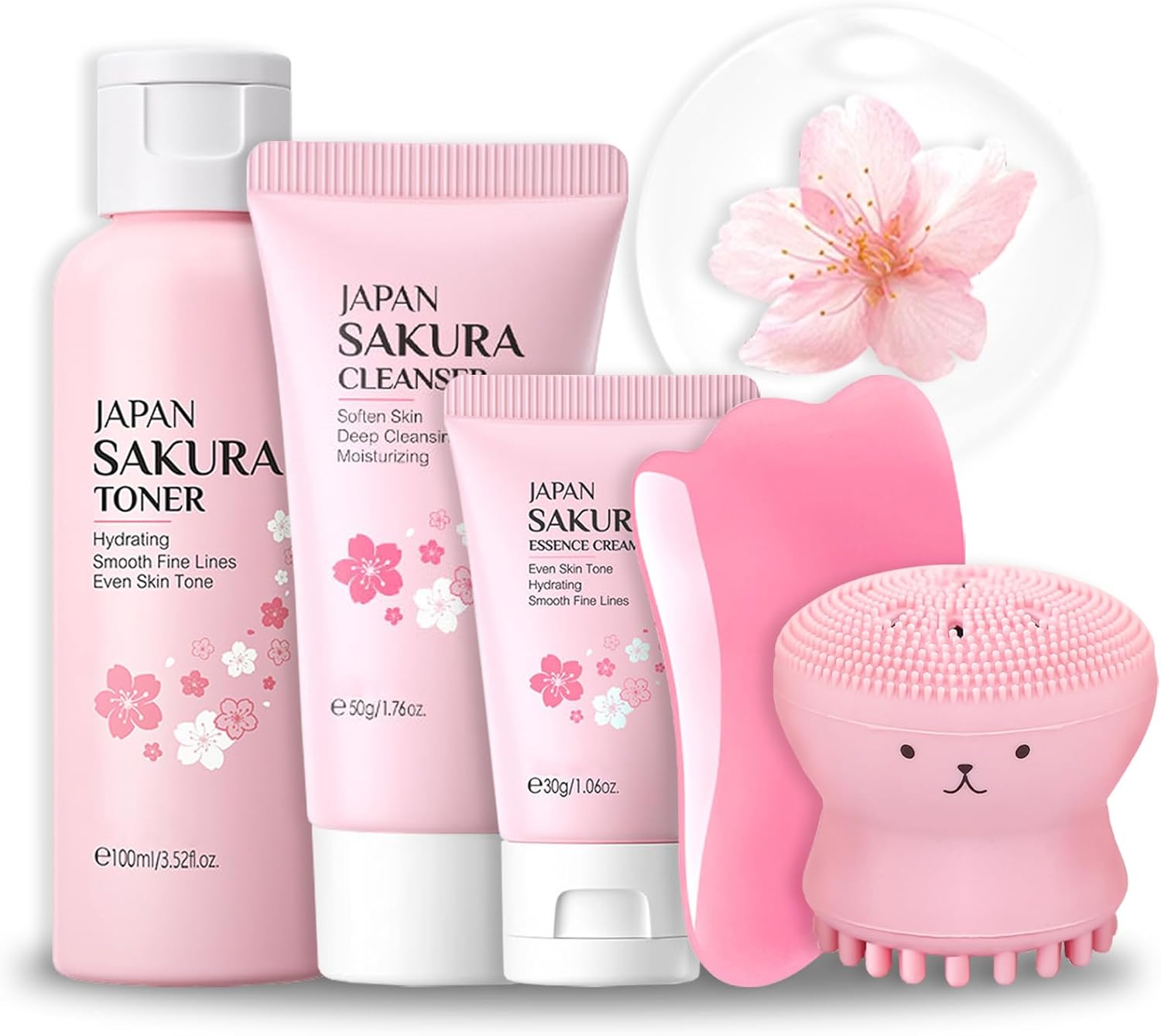 Pamper Sets For Teenage Girls, Sakura Skincare Set – Cleanser And Toner Set, Travel Gifts For Women, Pamper Sets For Women Gifts – Includes Toner, Cleanser, Cream, GuaSha, Cleanser Massager