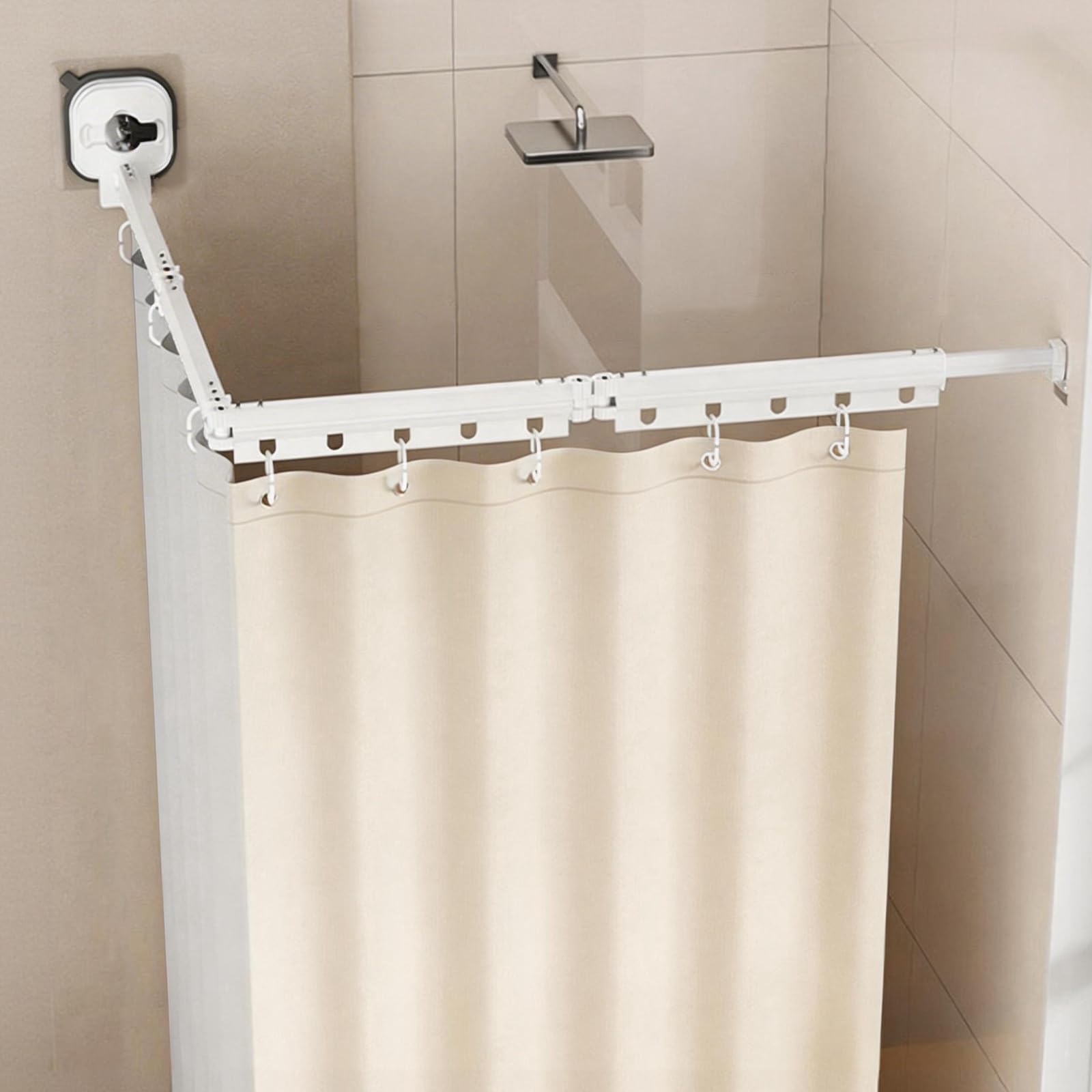 Barra De Cortina De Ducha Plegable, 4 Pliegues Barras Juego cortina de ducha Barras Con Ventosa 1,8 X 2,0M Impermeable Sin Taladros Barra De 162 Cm Forma L/U Escalera Recta (Blanco, 4 Pliegues)