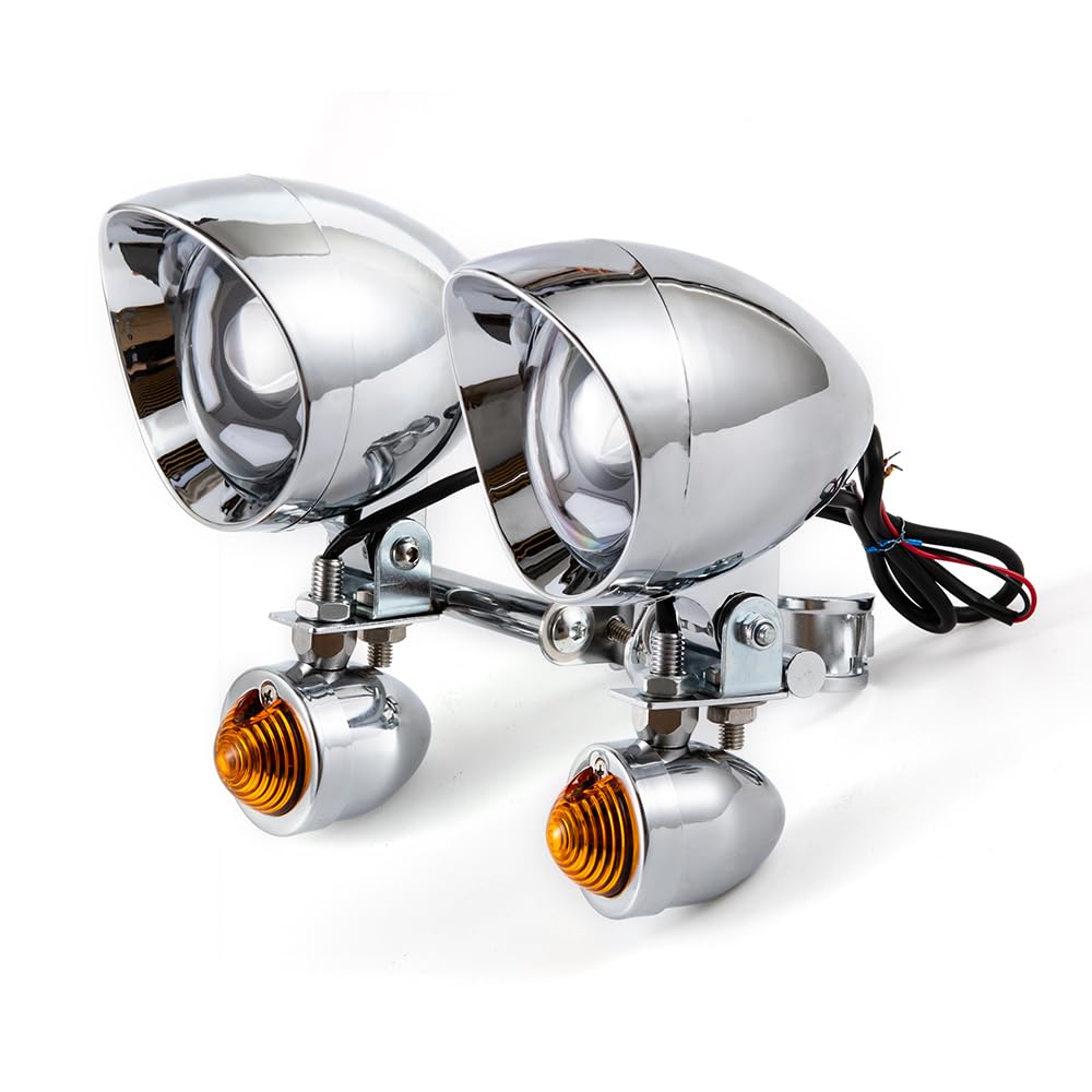 Faro anabbagliante per moto, indicatore di direzione con supporto per cruiser, chopper, cafe racer e moto custom. Gruppo ottico supplementare. (Guscio giallo)