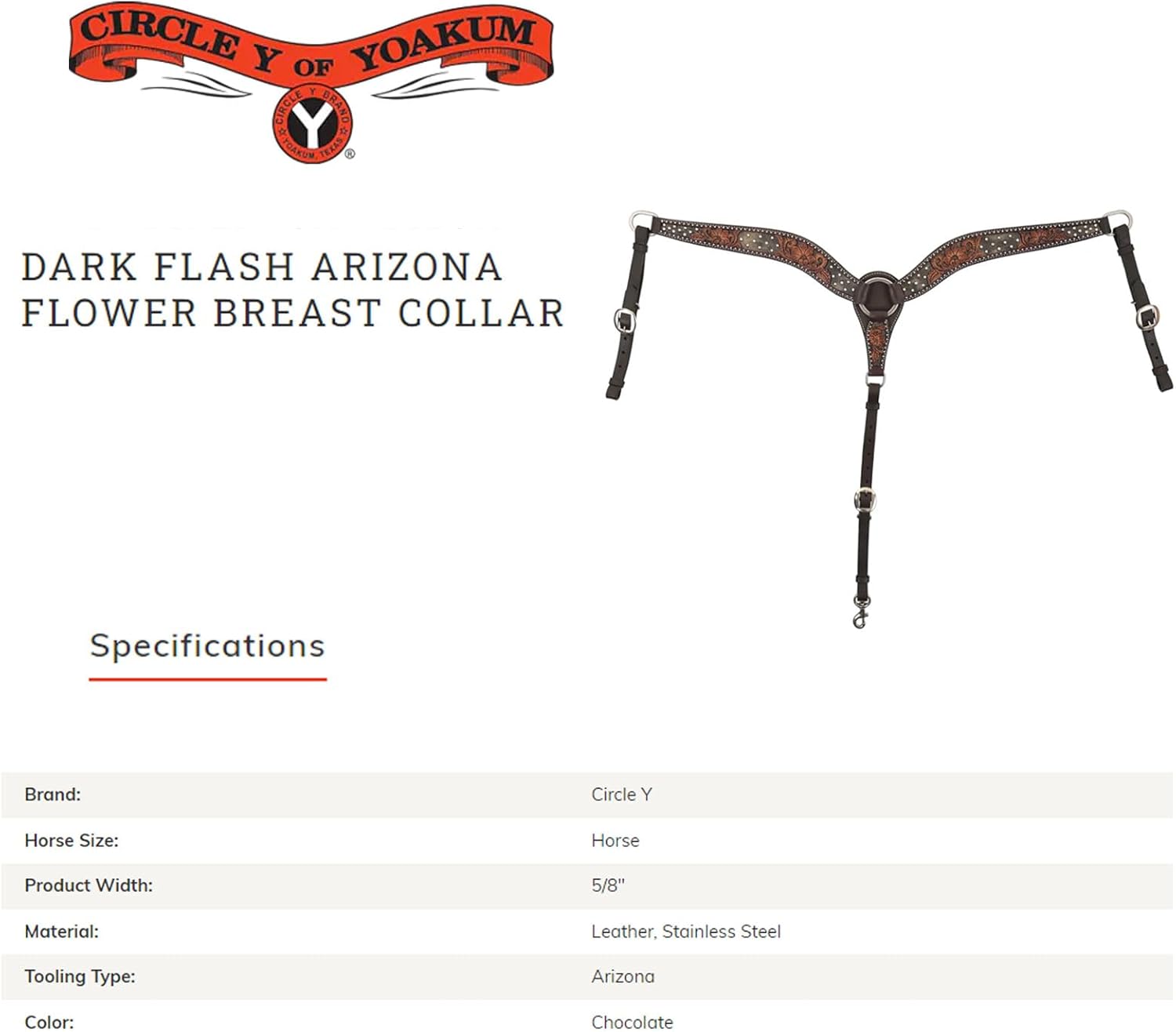 CIRCLE Y Dark Flash Arizona Flower Durable Distressed Leather Western Horse Size Contour Tapered Breast Collar with Silver Spot Accents