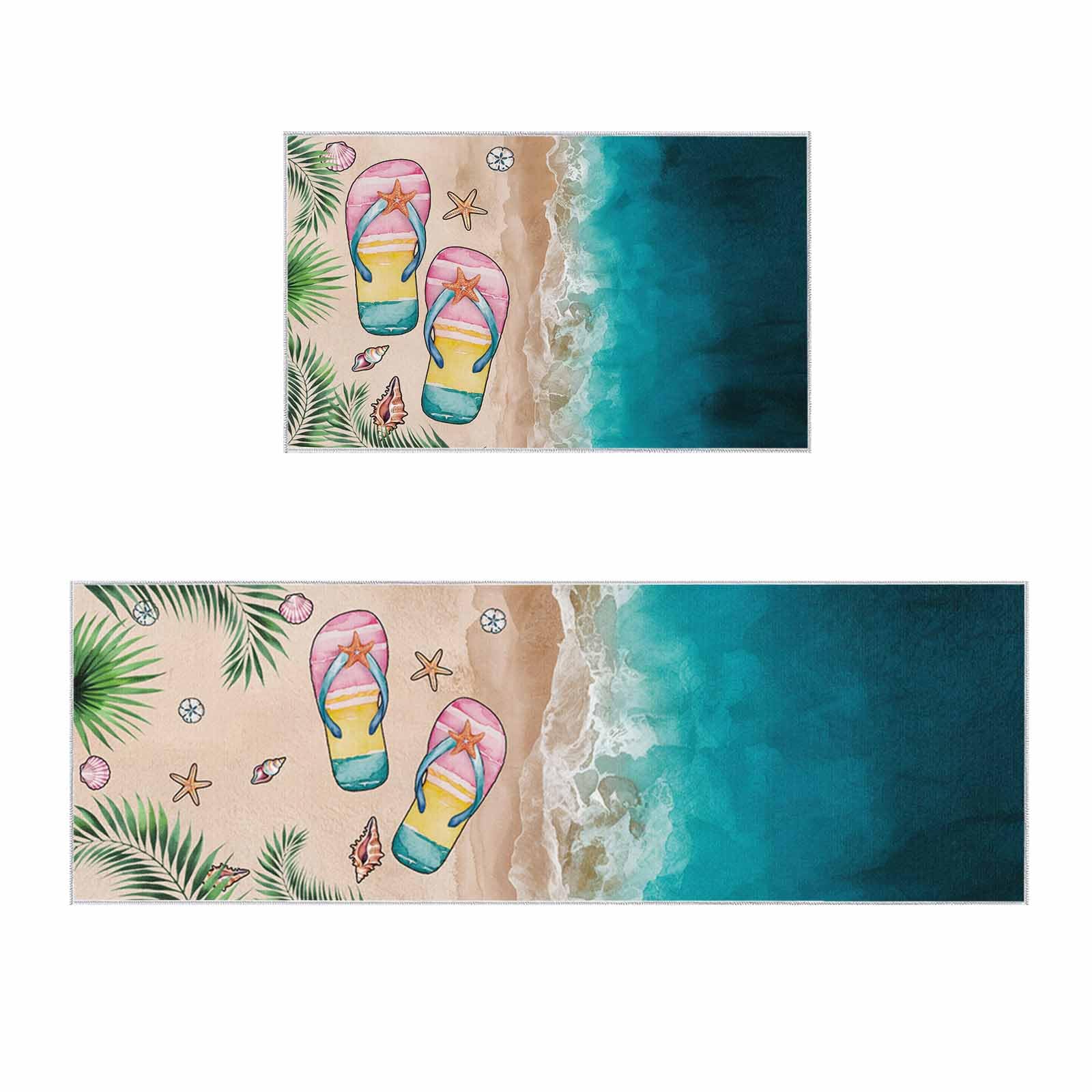2 Pieces Kitchen Rugs and Mats,Summer Beach Colorful Slippers Area Runner Rug Set Non Slip Floor Doormat Washable Carpet Standing Mat for Kitchen Sink Indoor Corridor,Ocean Starfish Conch Leaf