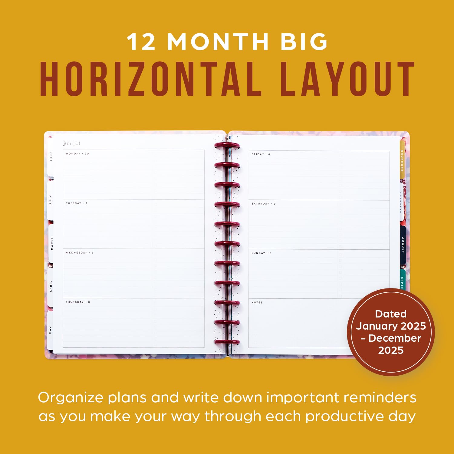 Happy Planner Disc-Bound 12-Month Planner, Jan.–Dec. 2025 Daily, Weekly, and Monthly Planner, Big Size, Horizontal Layout, Serene Garden, 72 Pages, 12 Dividers, 2 Sticker Sheets, 8.5" x 11"
