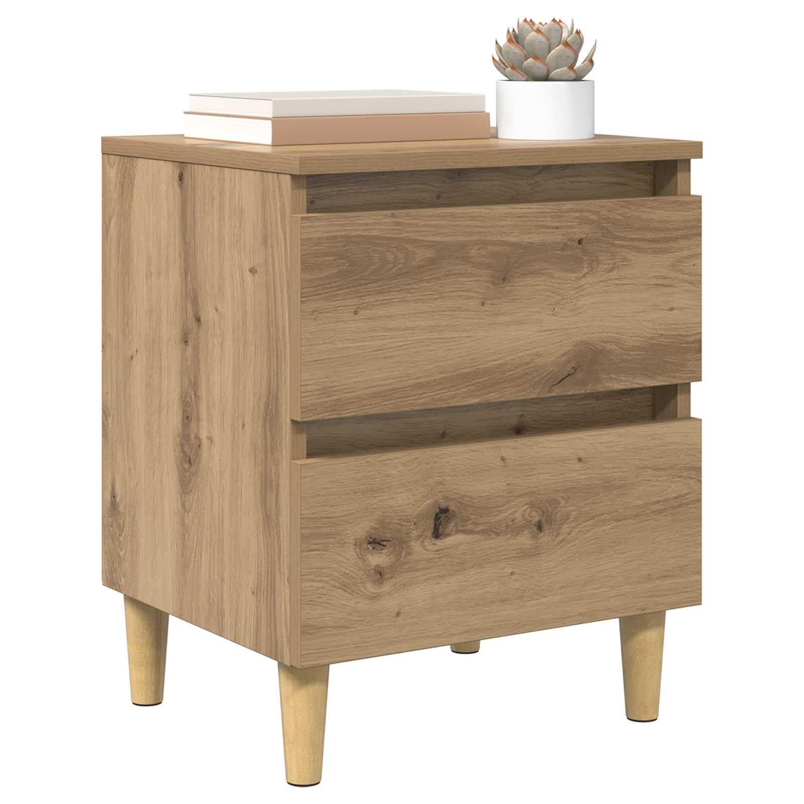 Mesita de noche con diseño escandinavo en color blanco con patas de madera de pino. Mesita de noche resistente con dos cajones para mucho espacio de almacenamiento, mesita de noche con patas