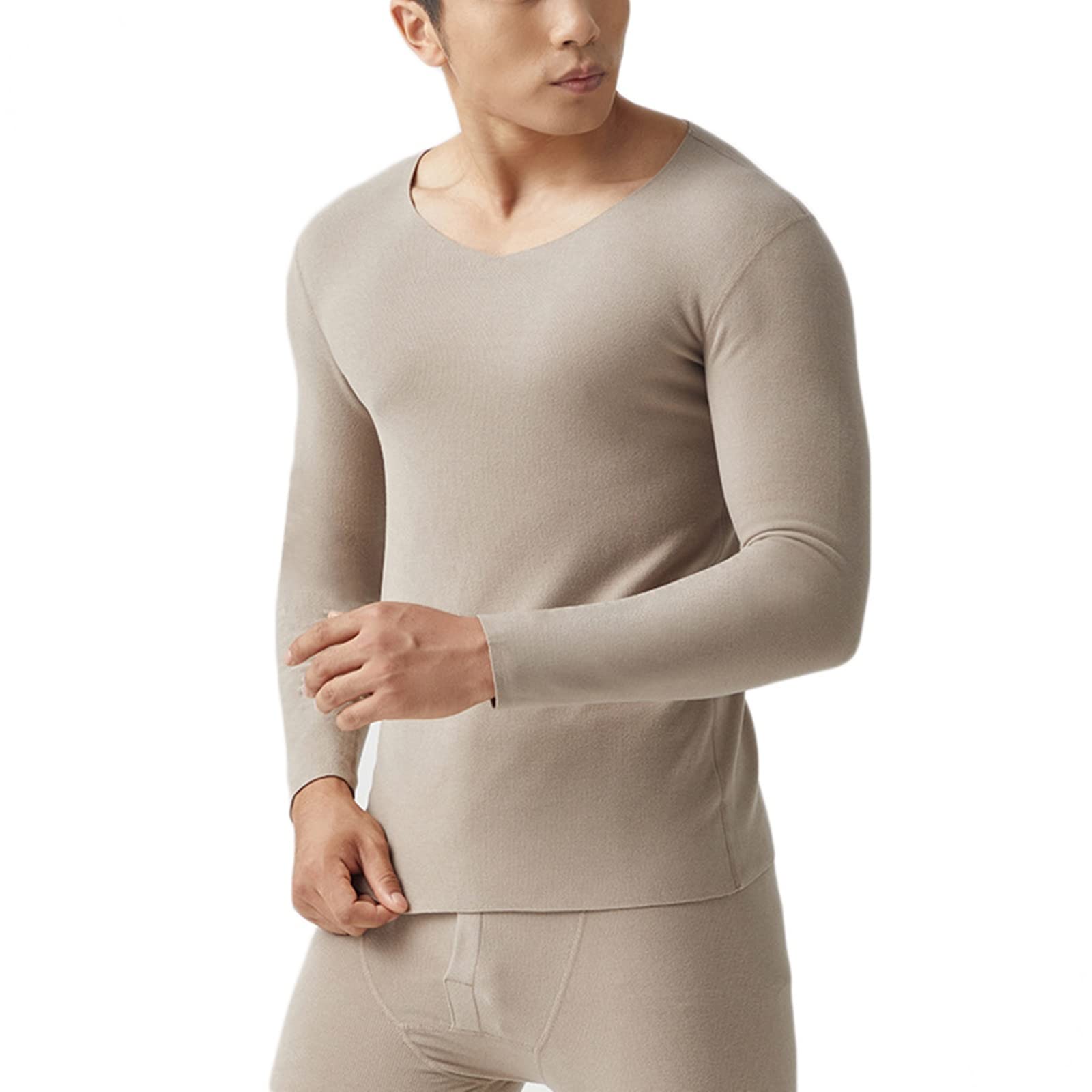 Dsnyu Mens Thermals Tops, Polyester V Neck Thermal Underwear Sleeve Top, Khaki Thermal Wear Top 2XL