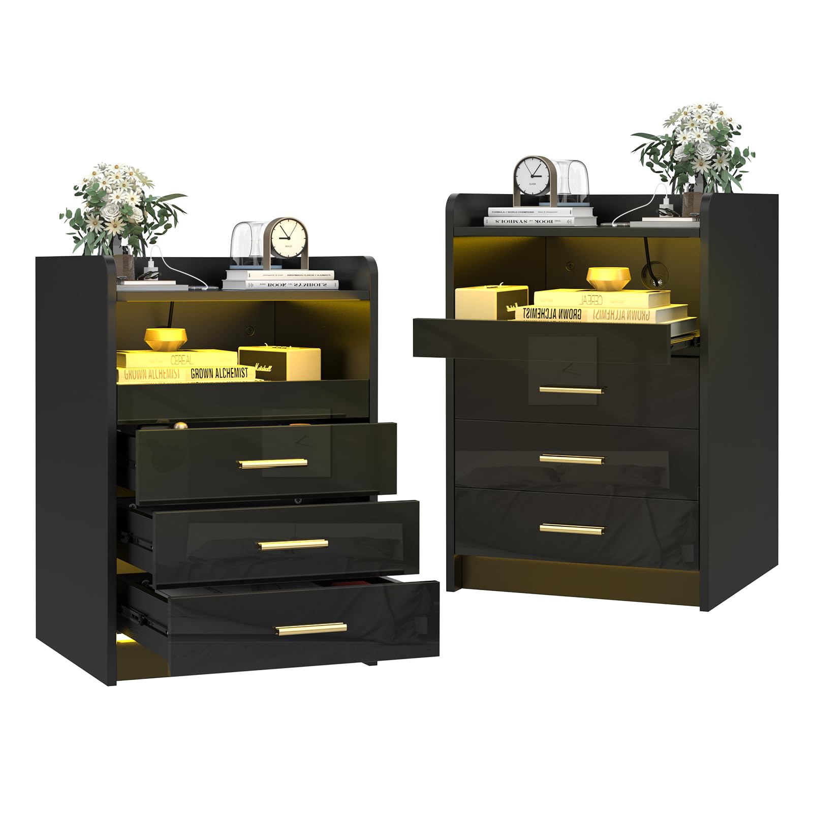 CHOWGOLI Mesitas de Noche Juego de 2, con Estación de Carga, con Tira de LED, con 3 Cajones y 1 Compartimento Abierto, Estantes Push-Pull, Mesillas de Noche Dormitorio, Salón, 45x40x65 cm, Negro