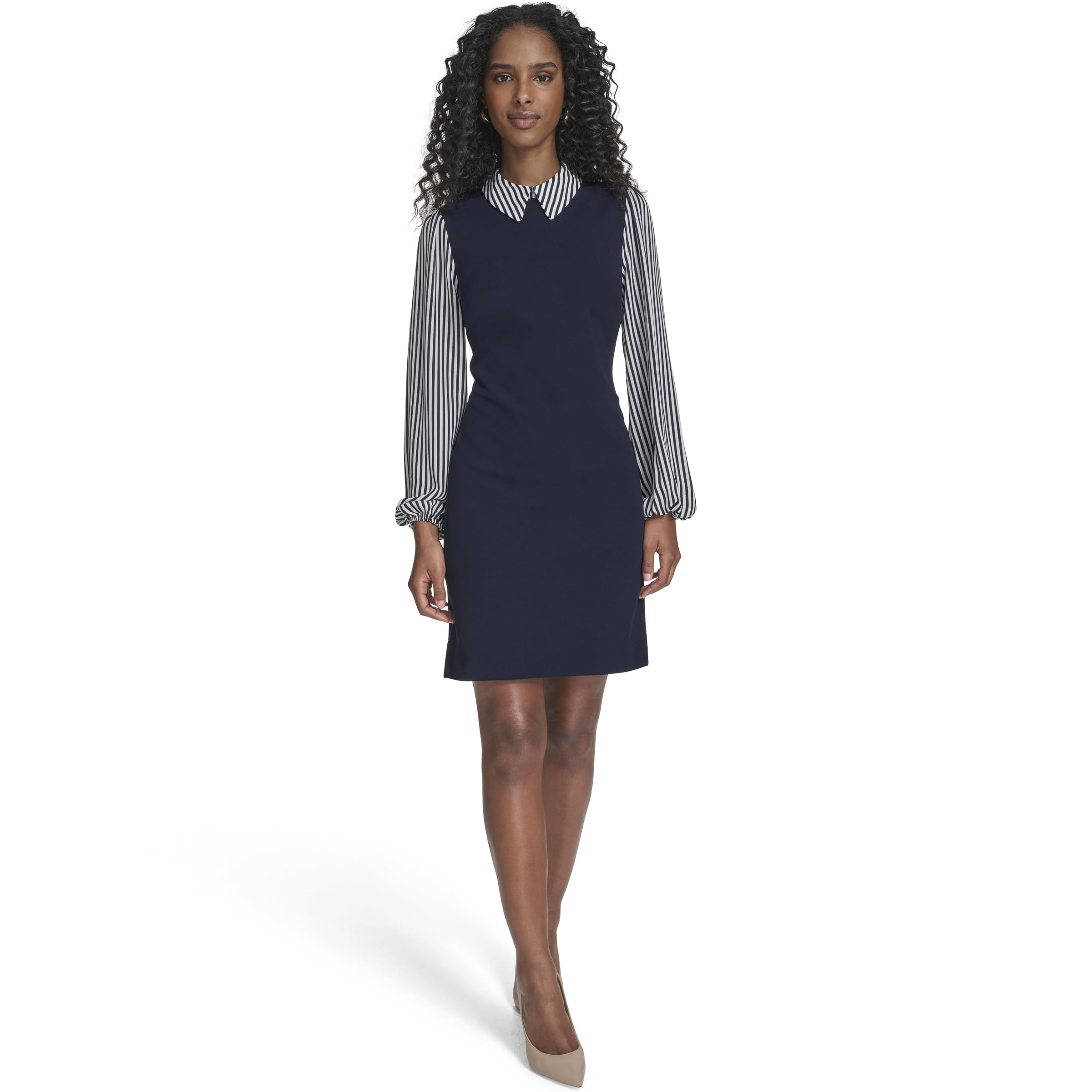 Women's Long Sleeve Collared Peter Pan Shift Mini Dress