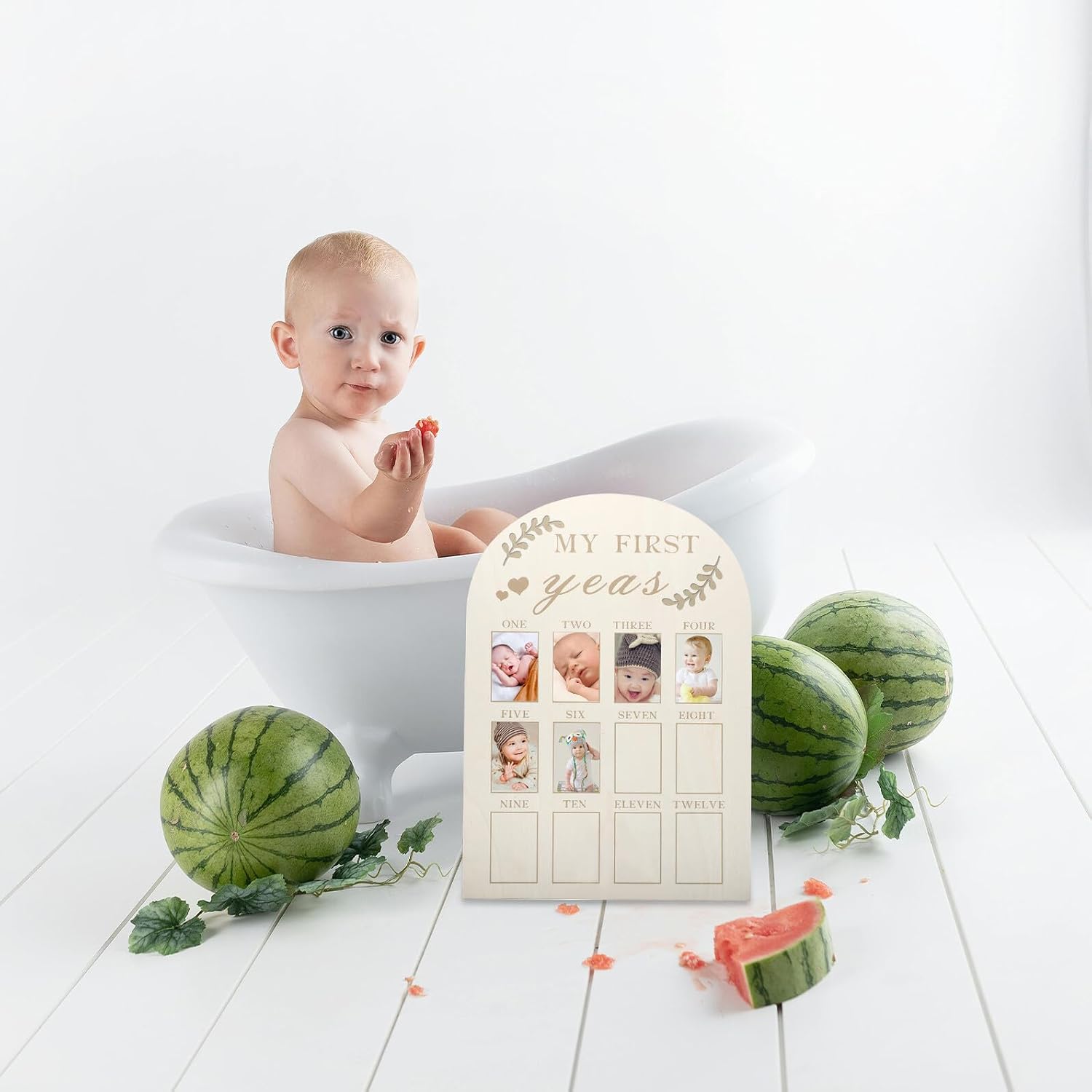 Luxshiny Wooden Milestone Photo Frame 12 Months Keepsake Board Newborn First Year Picture Frame for Nursery Decoration