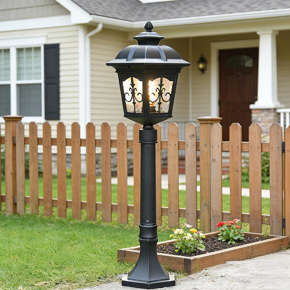 Garden Outdoor Pathway Bollard Lawn Light E27 Black Post Light Weatherproof Assurance IP65 Column Lamp Aluminum Metal Glass for Garden Trails Pathways Streetlight Driveway Villa Patios Floor (A)