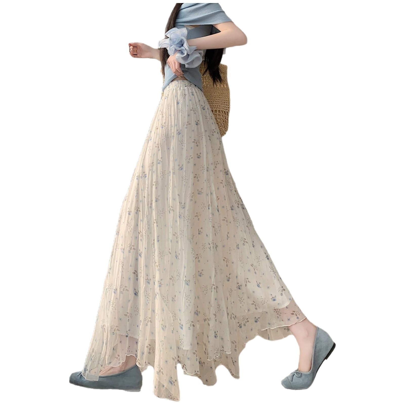 Gonna longuette a trapezio in chiffon con stampa floreale a vita alta estiva