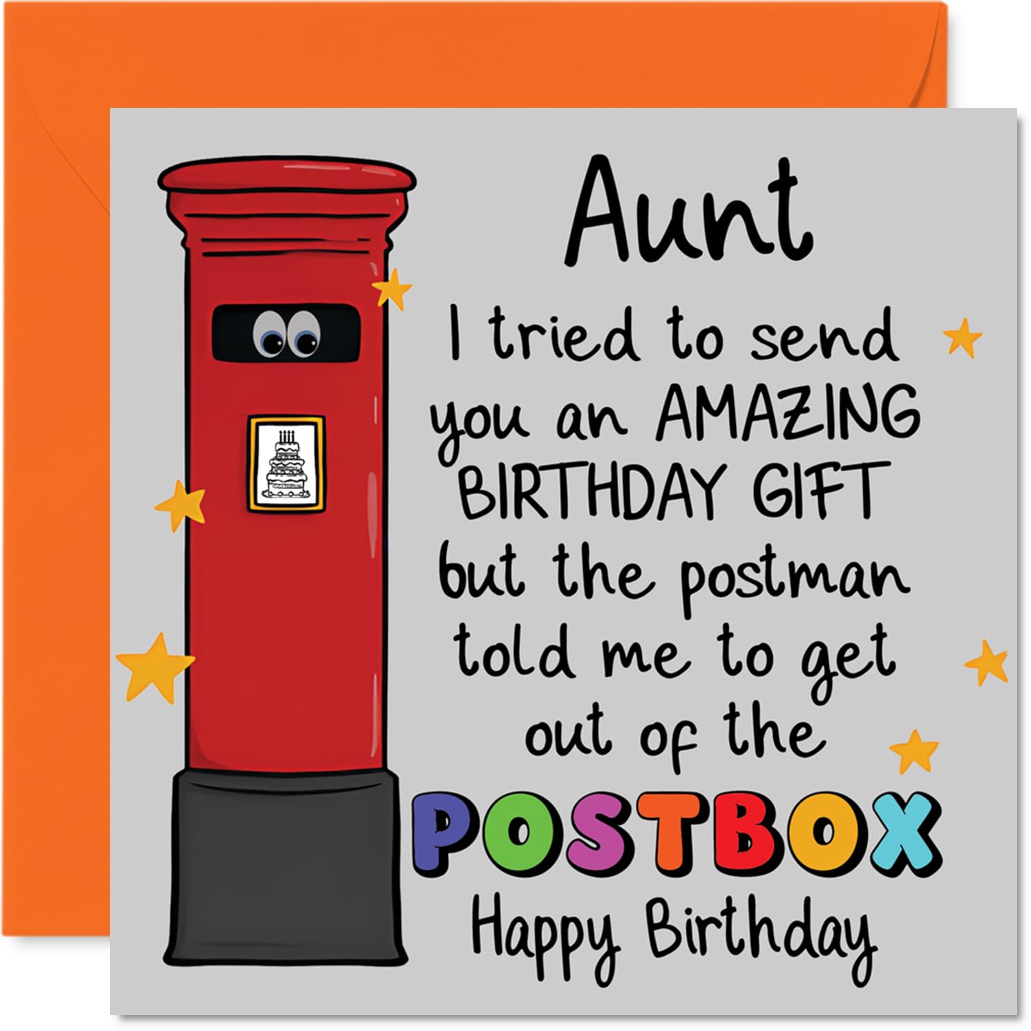 Funny Birthday Card for Aunt - Laugh-out-loud Birthday Antics - Cartoon Postbox with Googly Eyes and Witty Caption - 145mm Square, Envelope Included