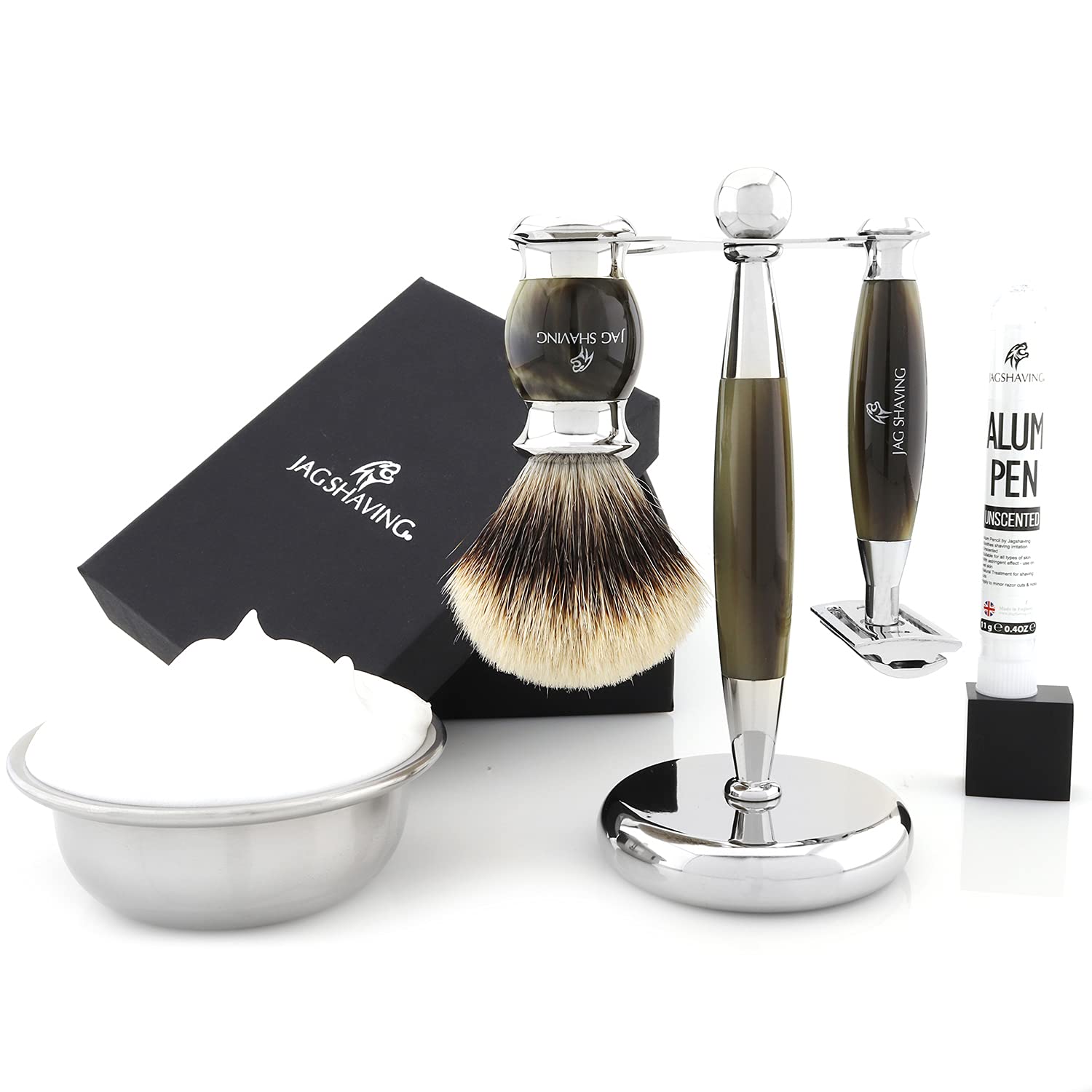 Jag Shaving Kit de afeitado – Juego de 3 piezas – gama Jag's Lee – maquinilla de afeitar de seguridad de doble filo, cepillo de afeitar Silvertip Badger – elegante soporte de afeitado – color verde