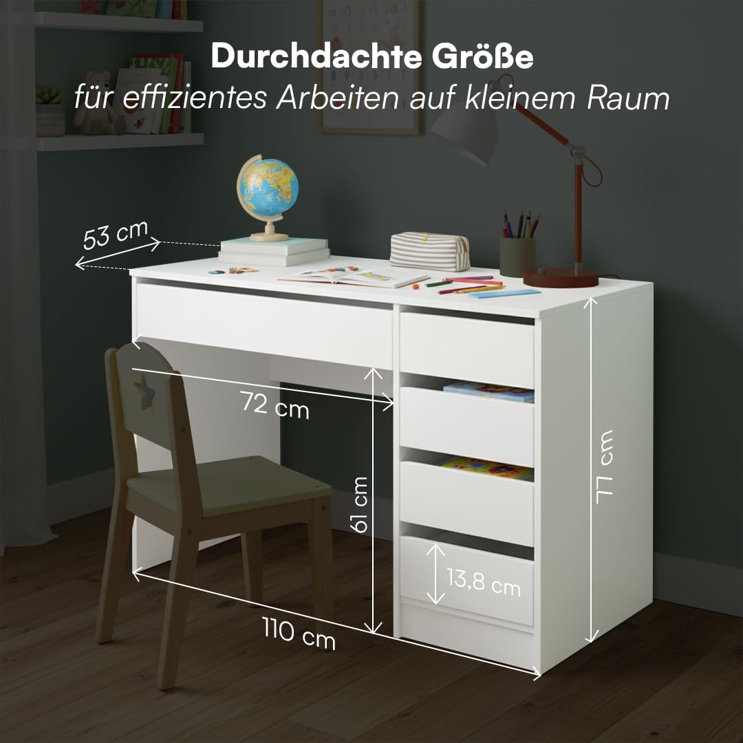 Bellabino Nore Kinderschreibtisch in Weiß mit 5 Schubladen - Jugendschreibtisch 110x53 cm - Schreibtisch Kinder ab 6 Jahren - Schülerschreibtisch mit Schubladen beidseitig montierbar für Kinderzimmer