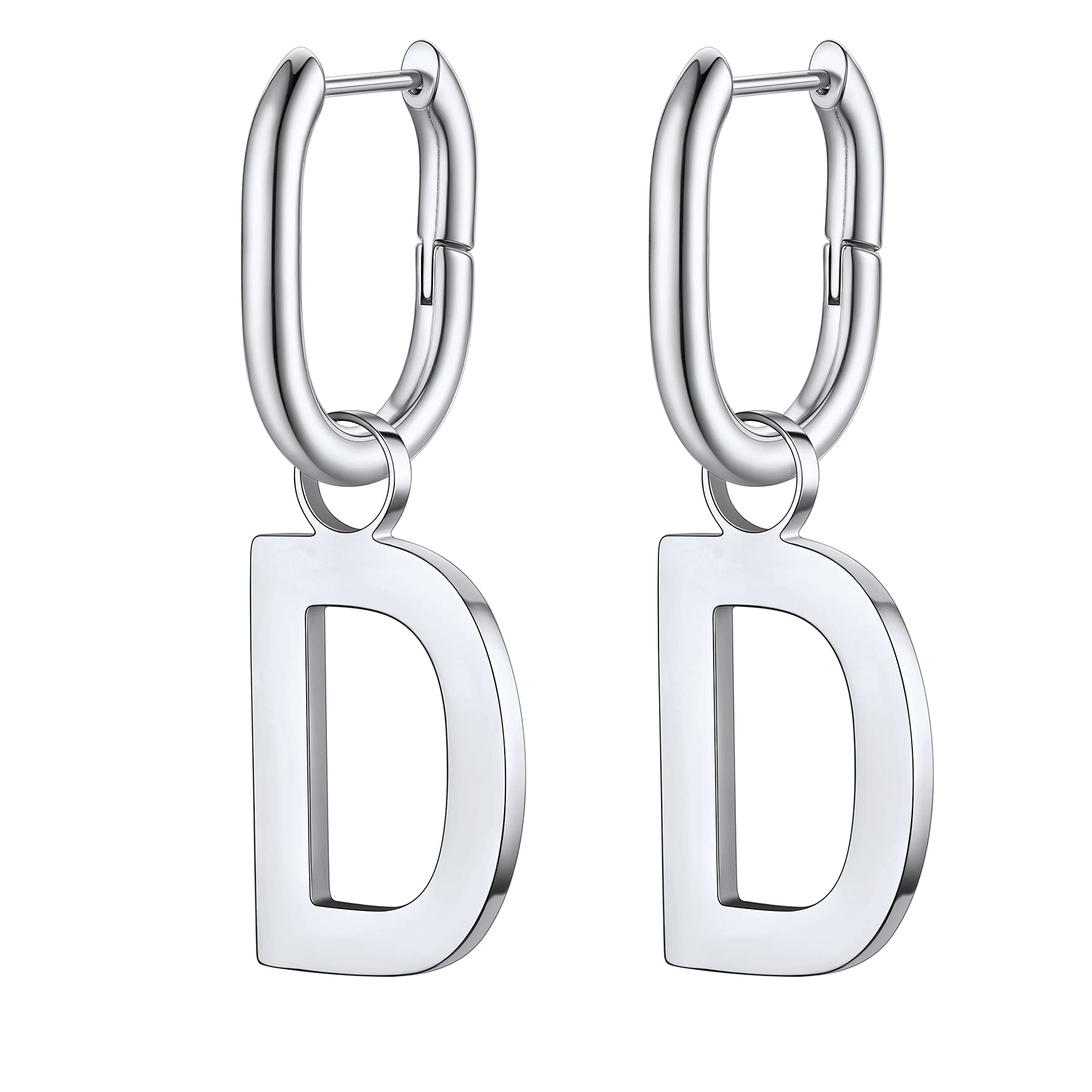 Bestyle Hypoallergenic Initial Dangle Earrings for Women, Chunky U-shape Huggie Hoops with 26 Letters, Stainless Steel in Silver/Gold/Black Tone, High Street Monogram Jewelry for Women Girls