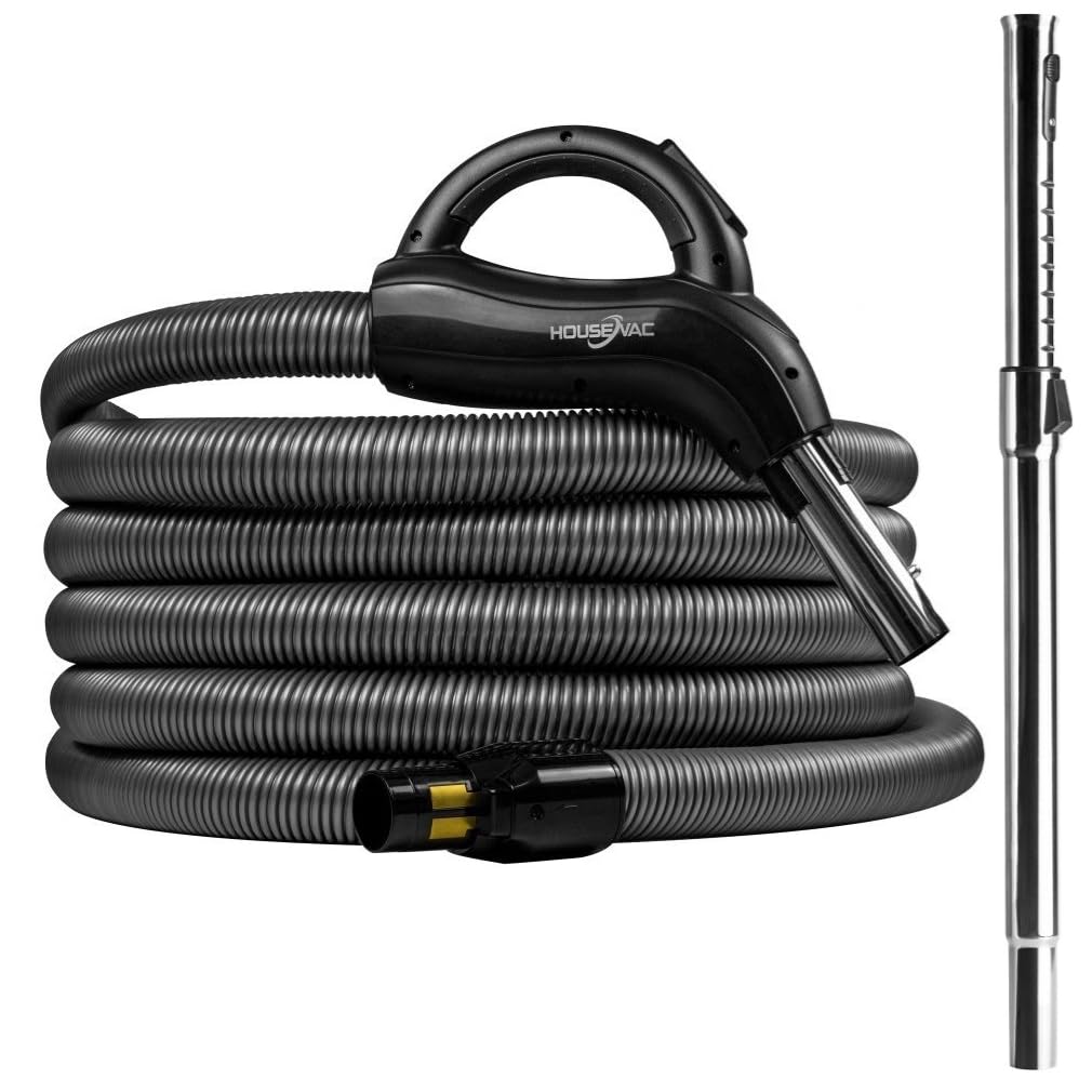 Tuyau d'aspiration de qualité supérieure pour aspirateur central - Longueur : 9 m - Tube télescopique - Compatible avec presque tous les aspirateurs centraux - Avec interrupteur marche/arrêt