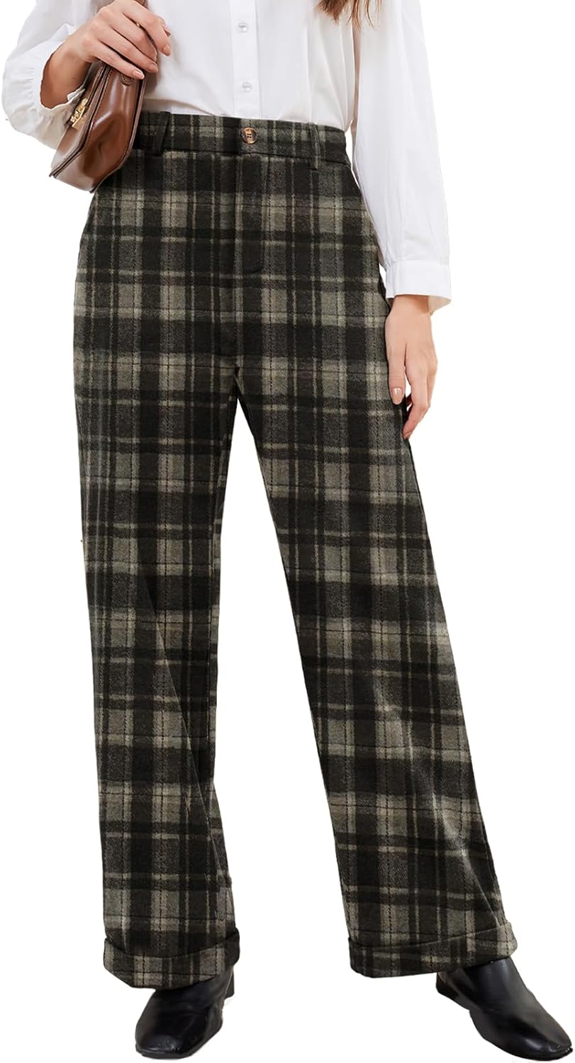 Women Plaid Dress Pants High Waisted Wide Leg Pants Fleece Pants for Women Stretchy Fall Trousers