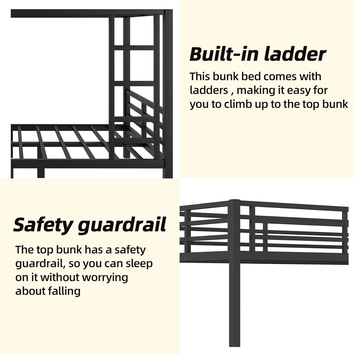 Diagram showing the built-in ladder and safety guardrail features of the bunk bed.