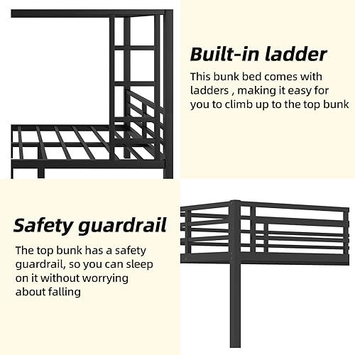 Miniatura 5 de Litera Twin XL sobre Twin XL, marco de litera de metal, literas de servicio pesado, base de cama tipo loft con escalera y barandilla, listones de