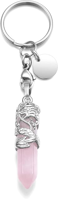JSDDE Healing Crystal Keyring Sliver Dragon Wrapped Hexagonal Crystals Pointed Gemstone Pendant Keychain Charm