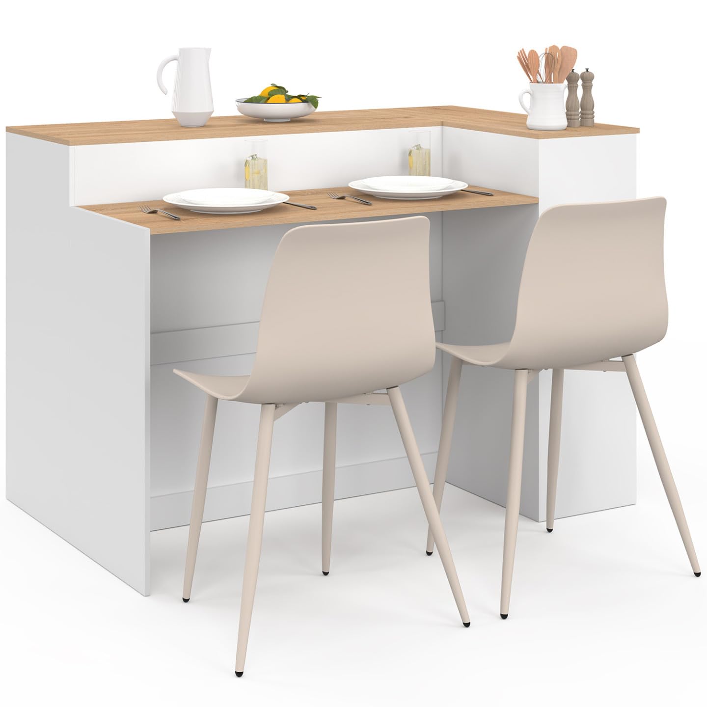 IDMarket - Ilot Central TOMI 130 cm 2 Personnes Double Plateau Bois Blanc avec Plan de Travail façon hêtre