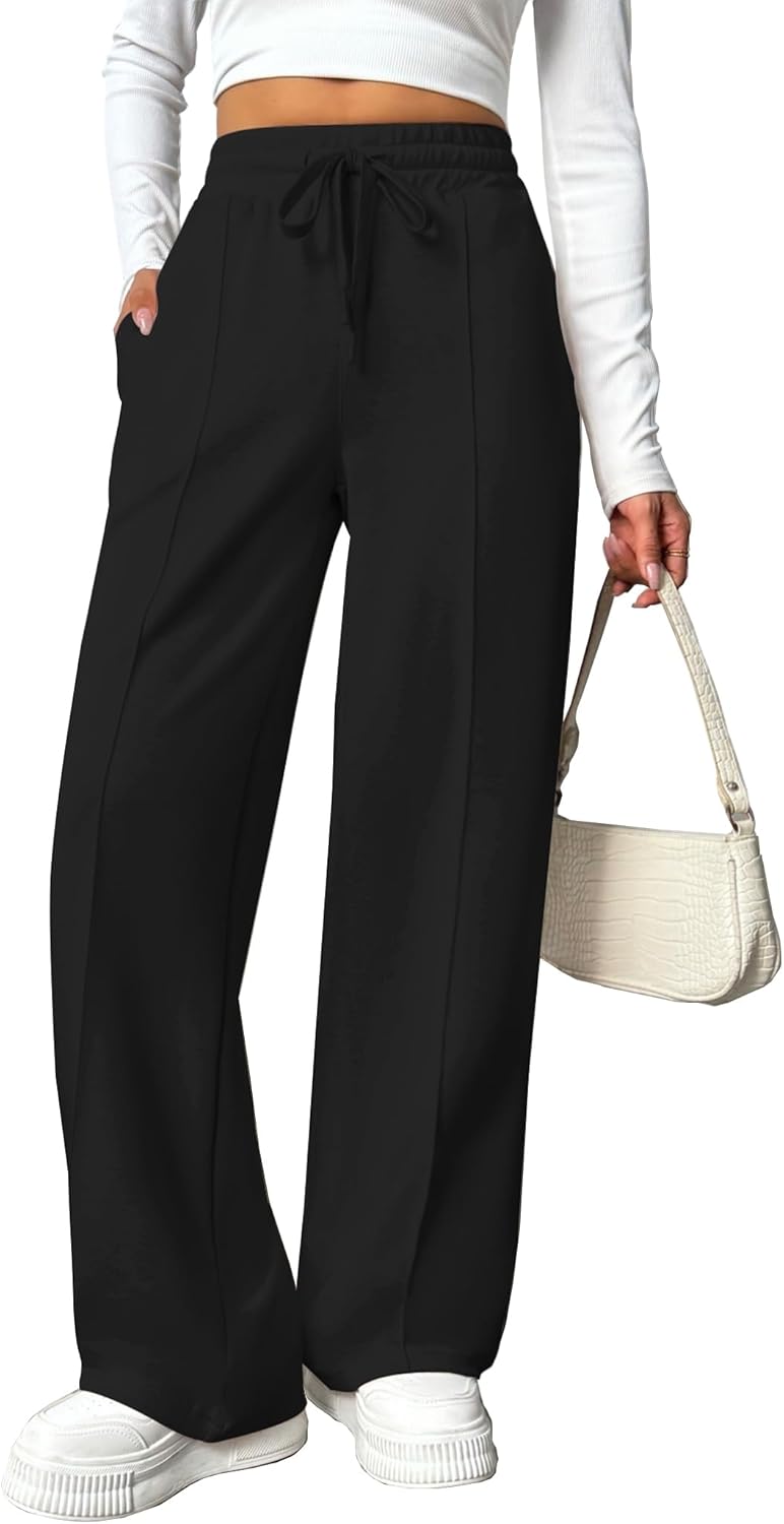 PINSPARK Wide Leg Sweatpants Women High Waisted Baggy Sweat Pants Elastic Elevated Seams Loose Active Pants with Pockets