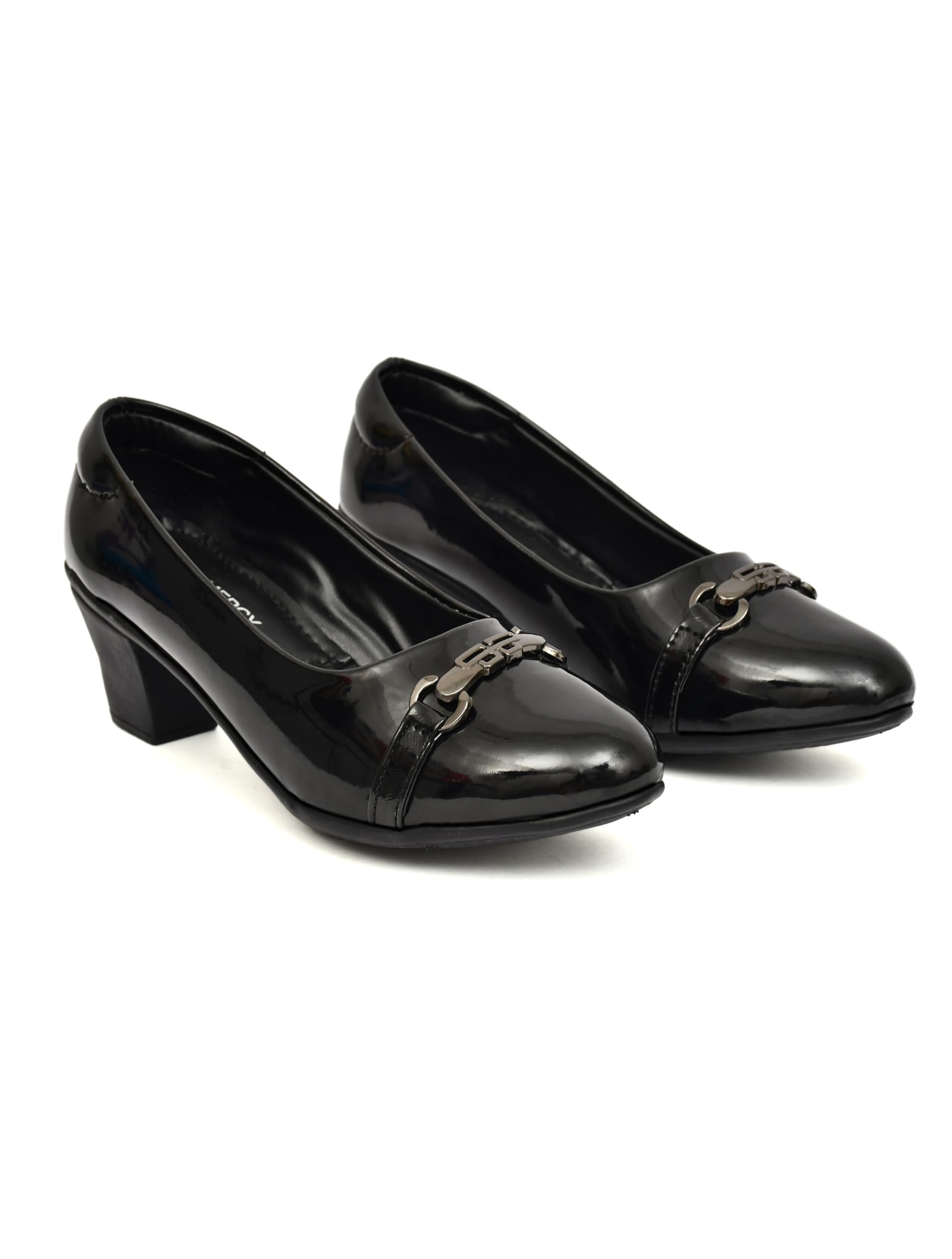 Women's Black Patent Leather Finish Block Heel Pumps | Formal Office Wear Closed Toe Slip-On Heels | Comfortable Party Shoes-image-17