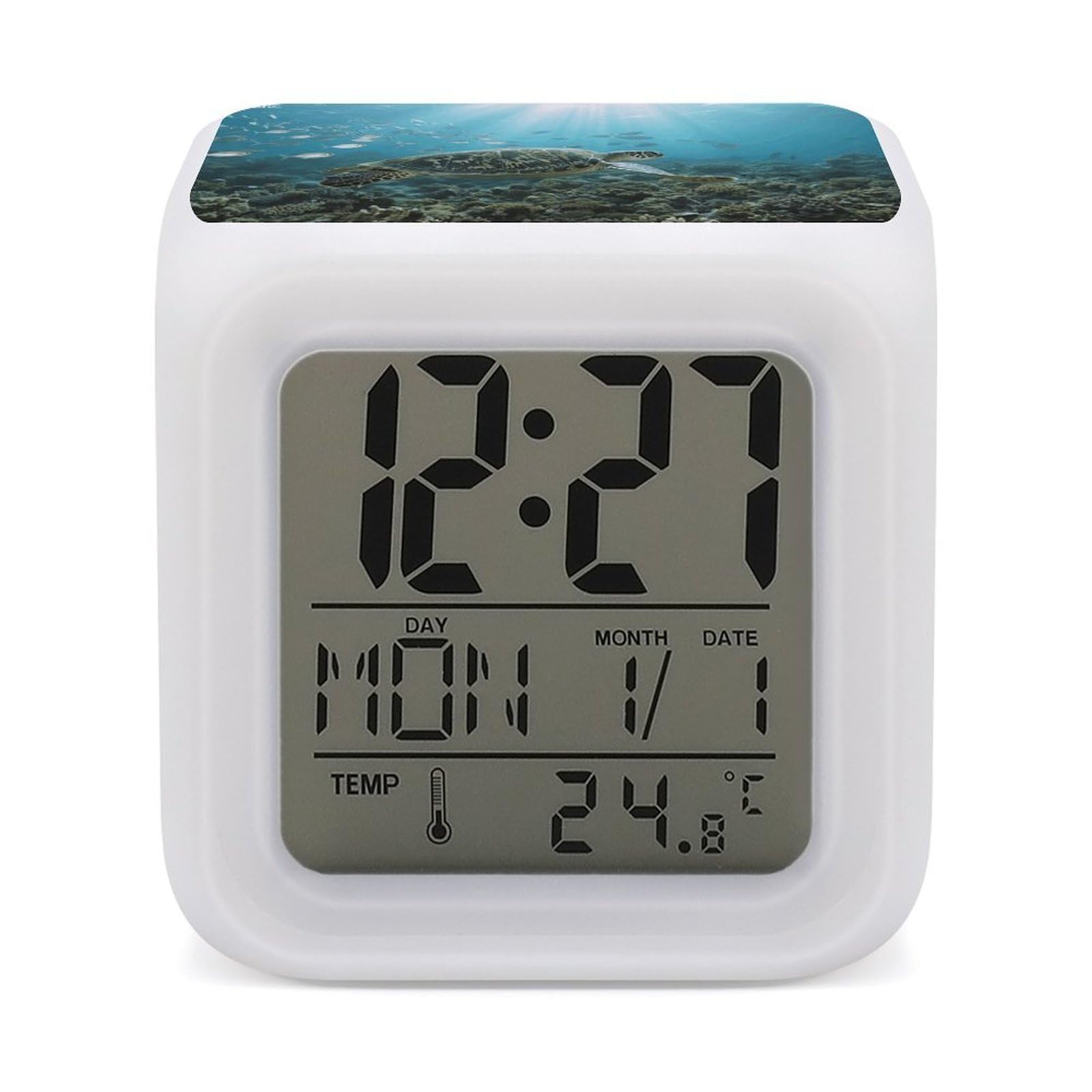 VstaDank Ocean Animals Alarm Clock with Date Temperature Large LED Display Number Clocks with 7 Colors Changing Desk Clock Battery Operated Digital Clocks with Date for Heavy Sleepers