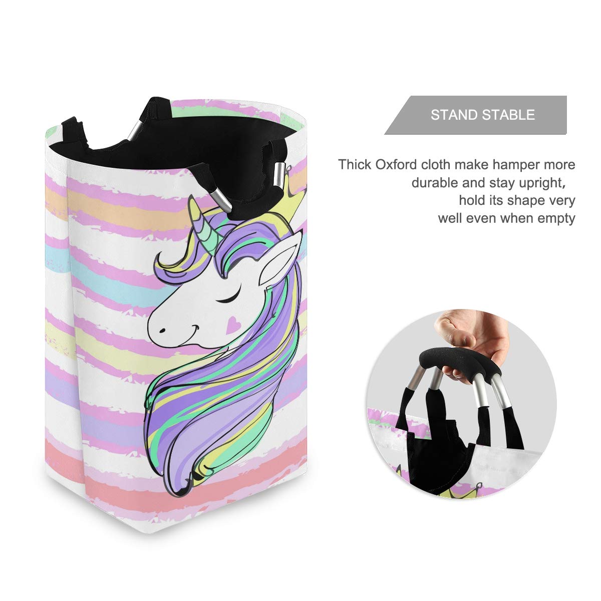 Large Storage Basket Collapsible Organizer Bin Laundry Hamper for Nursery Clothes Toys, Unicorn Head On Tender Striped