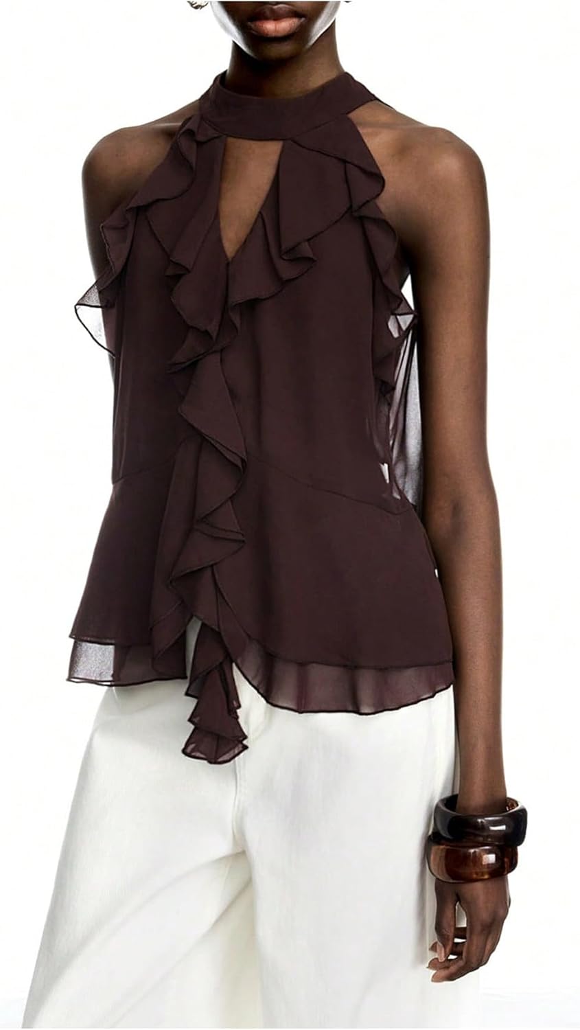 GORGLITTER Women's Mesh Halter Flowy Tank Tops Ruffle Tie Neck Cut Out Keyhole Dinner Crop Tops Going Out Outfits - Image 5