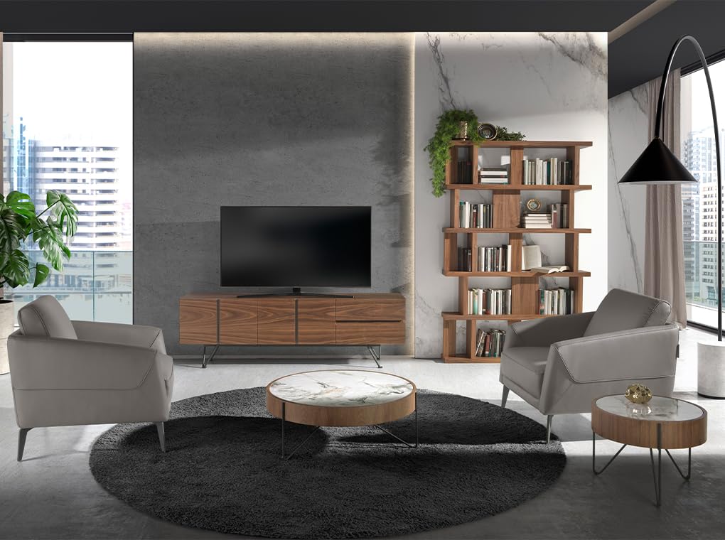 Ángel CERDÁ TV-Schrank aus Holz mit Walnussfurnier und schwarzem Stahl, 180 x 42 x 60 cm, Wohnzimmermöbel mit 2 Türen und 2 Schubladen, Softclosing