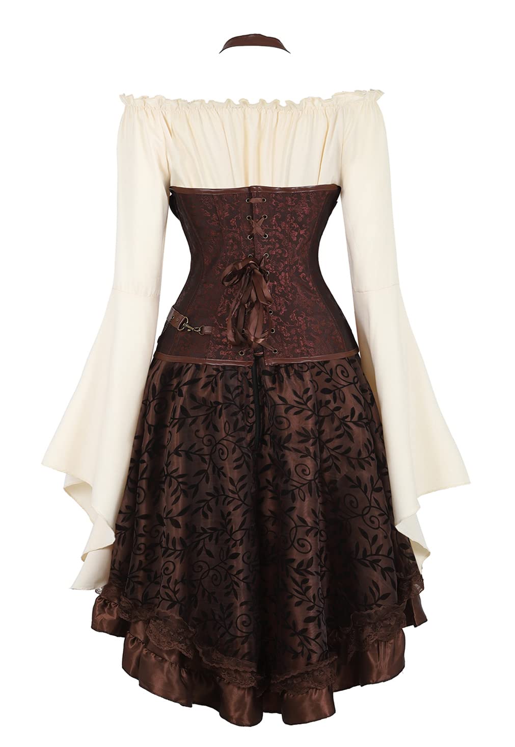 Grebrafan Corset Femme Cuir avec Jupe Tulle et Chemisier Steampunk