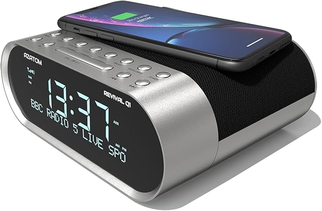 DAB+ DAB Digital FM Clock Radio, Wireless Phone Charger, Dual Alarm, Bluetooth, Sleep Timer, USB Watch, Headphone & AUX (AZATOM Revival Q1) (Silver)
