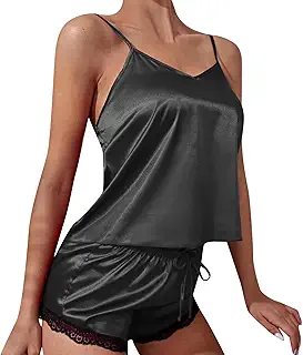 Summer Lace Lingerie for Womens Silk Two Piece Pajamas Set Sexy Satin Sleepwear Cami Shorts Set Nightwear (Black, S)