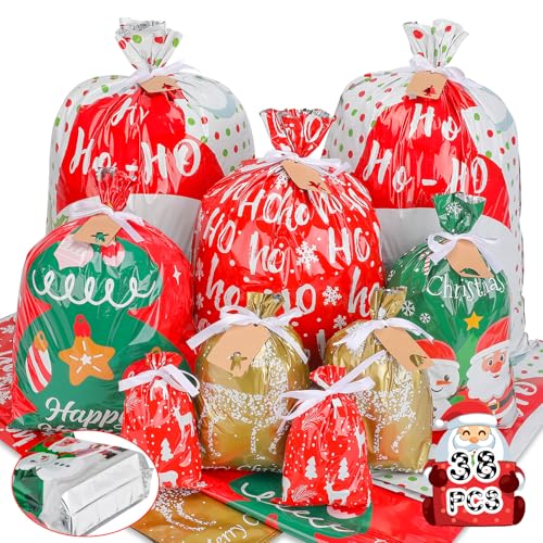 38pcs Christmas Gift Bags with Ribbon Ties, Christmas Bags for