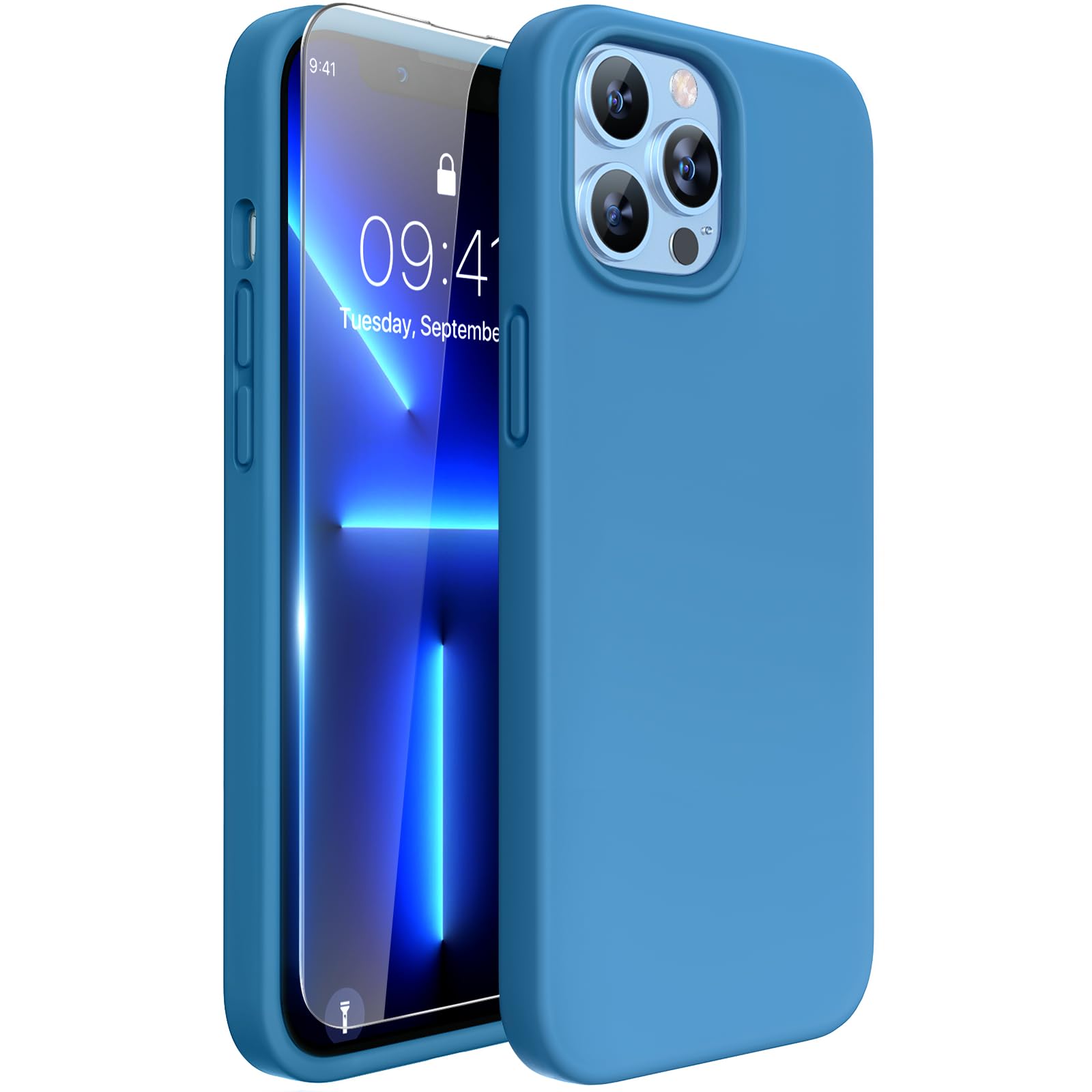 Miracase Designed for iPhone 13 Pro Case, with Tempered Glass Screen Protector, [Soft Anti-Scratch Microfiber Lining], Shockproof Liquid Silicone Phone Case Cover for 13 Pro 6.1 inch, Capri Blue