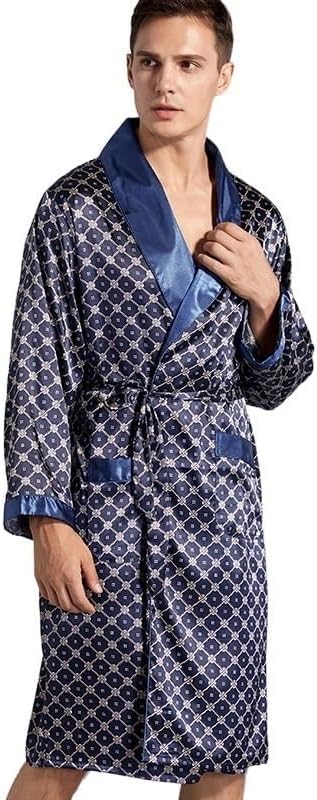 Bata de satén para hombre con estampado geométrico azul marino en talla grande