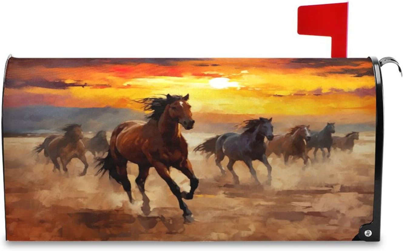 Kigai Watercolor Running Horse Magnetic Mailbox Covers - Decorative Wraps for Garden, Yard Post Letter Boxes, Standard Size 18x20.7 Inches, Outdoor Mailbox Decor