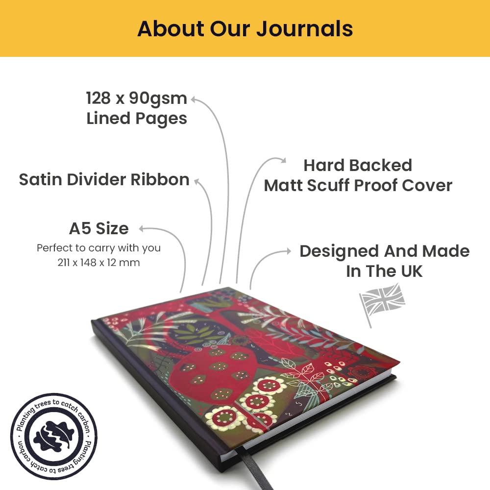 Cauliflower Journals A5 Journal Notebook: Red Floral Botanical Plant Patterned Hardback Cover Diary - Image 3