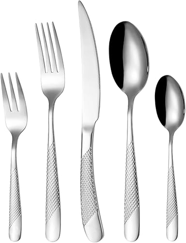 Vilihkc Juego de cubiertos martillados de 20 piezas, juego de cubiertos de acero inoxidable 1810, juego de utensilios de cocina para 4, juego de Vilihkc Juego de cubiertos martillados de 20 piezas, juego de cubiertos de acero inoxidable 1810, juego de utensilios de cocina para 4, juego de