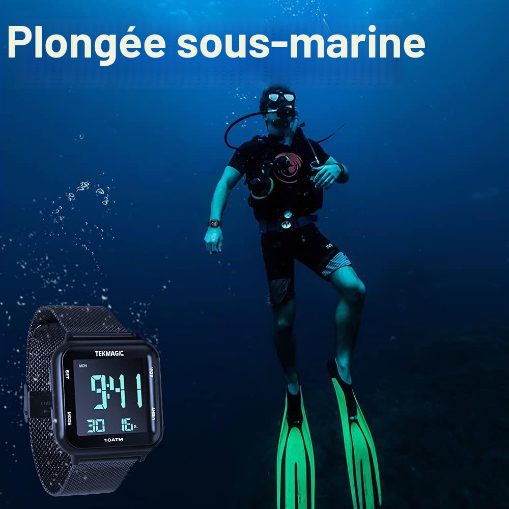 Montre Bracelet Homme Etanche 10 Atmosphérique pour Plongée et Piscine avec Bracelet en Acier Inoxydable, Chronomètre, Minuteur, Réveil, Double Fuseau Horaire, Calendrier, Format 12 ou 24 Heures