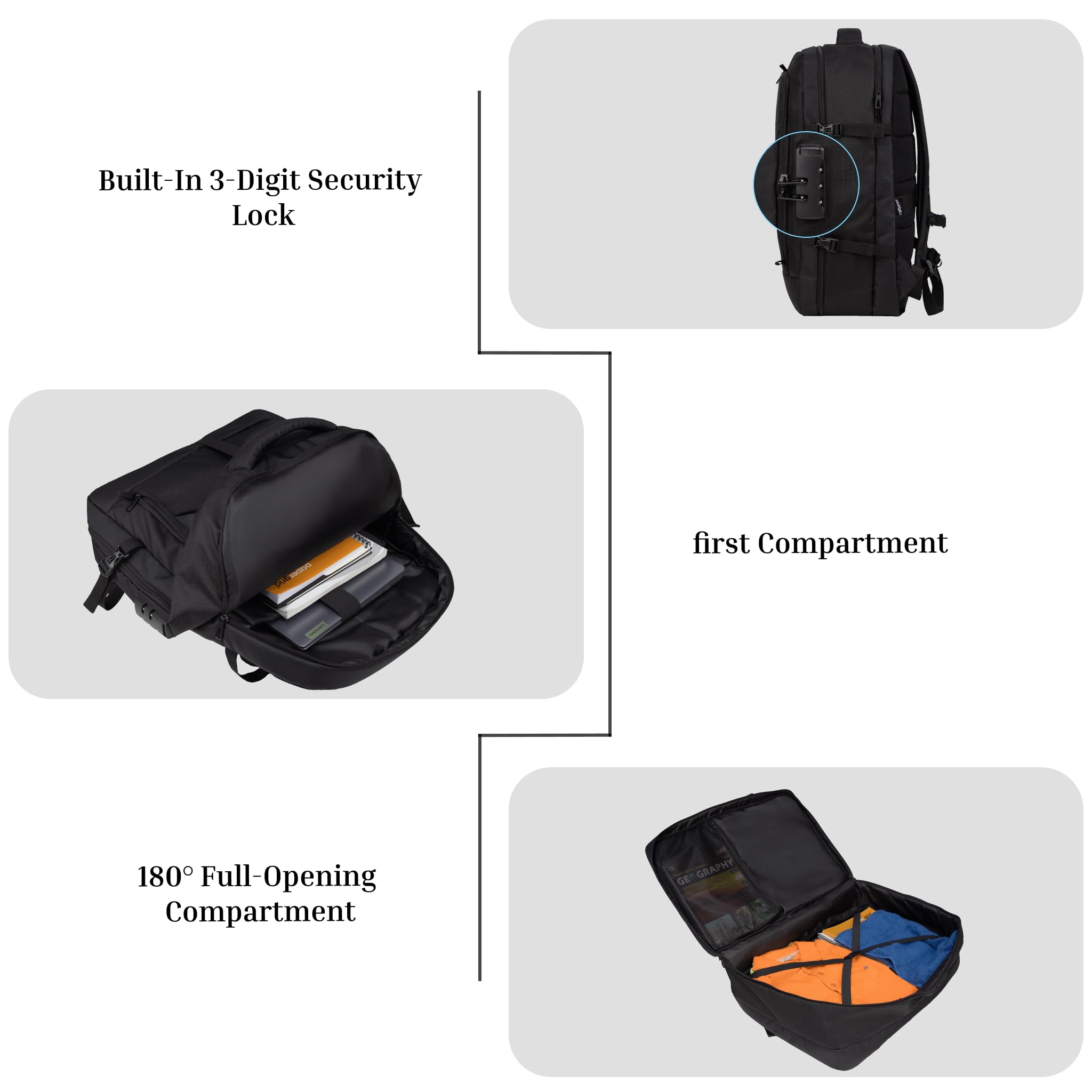 F Gear Vetra Black 40L Cabin Size Laptop Backpack with 3-Digit Lock, Fits 17 Inch Laptop, Two Spacious Compartments|2 front pockets|Adjustable Chest Strap, Bottle Holder|Lightweight, Durable & Premium — Amazon image 3