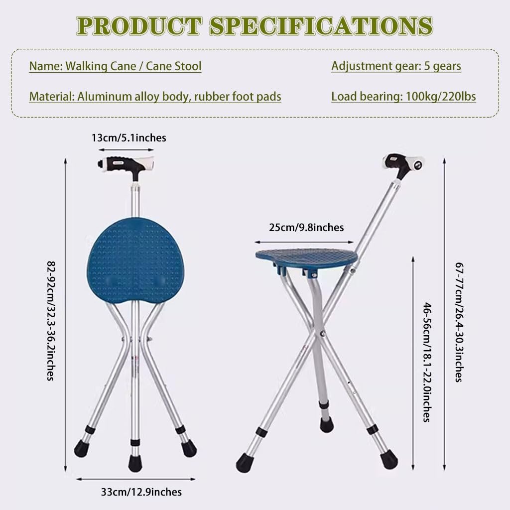 Bastón Bastón Extensible Muletas con Asiento Multifuncional 2 En 1, Silla De Muleta De Seguridad Antideslizante, Taburete Resistente De Las Muletas De Las Mujeres, para Viaje Al Campo(Blue Color)