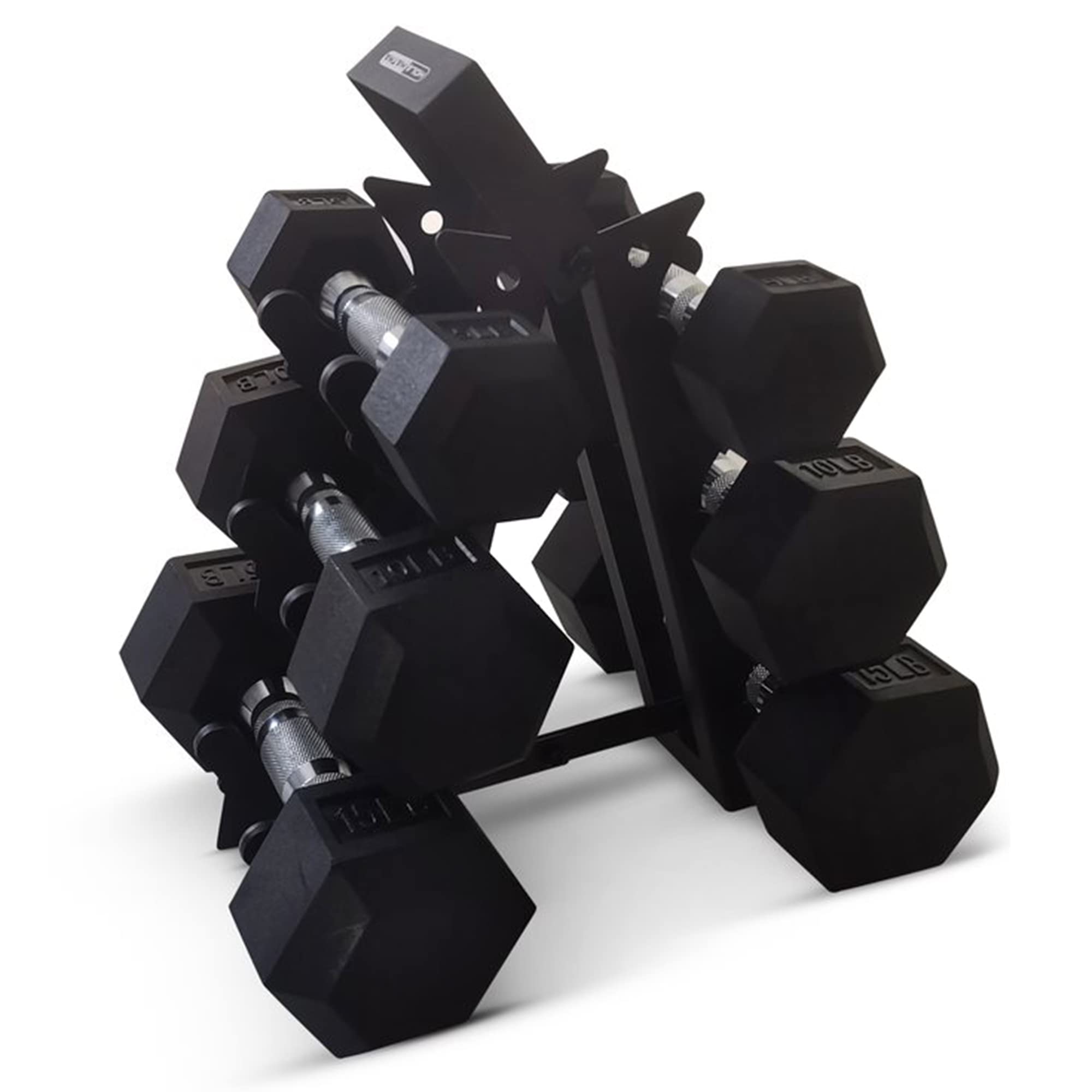 HolaHatha Hexagonal Dumbbell Weight Set w/ Rack, Home Gym Workout Equipment, 5/10/15 lbs