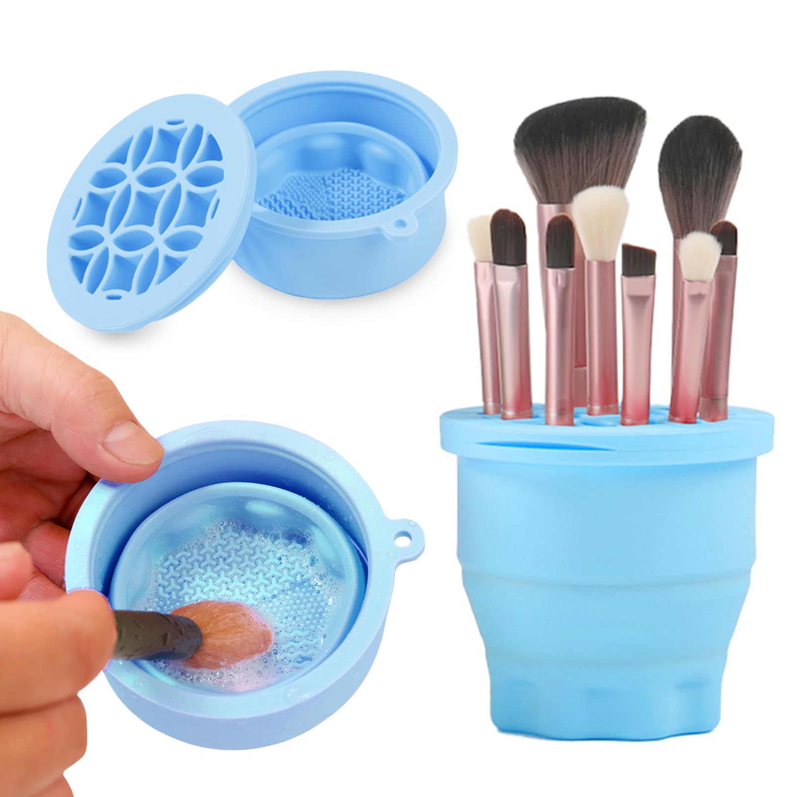 Makeup Brushes Cleaner Mat with Brush Storage Holder, Folding Portable Washing Tool for Makeup Brush Cleaning, 2 In 1 Silicone Brush Cleaner Pad & Cosmetic Brush Organizer Rack (Blue)-image-37