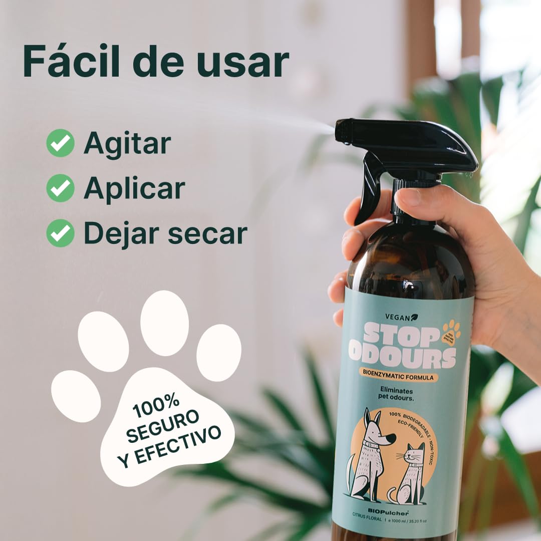 STOP OLORES Neutralise les odeurs générées par les animaux domestiques, tissus, lits, canapé, voiture, bioenzymatique, végétalien, biodégradable