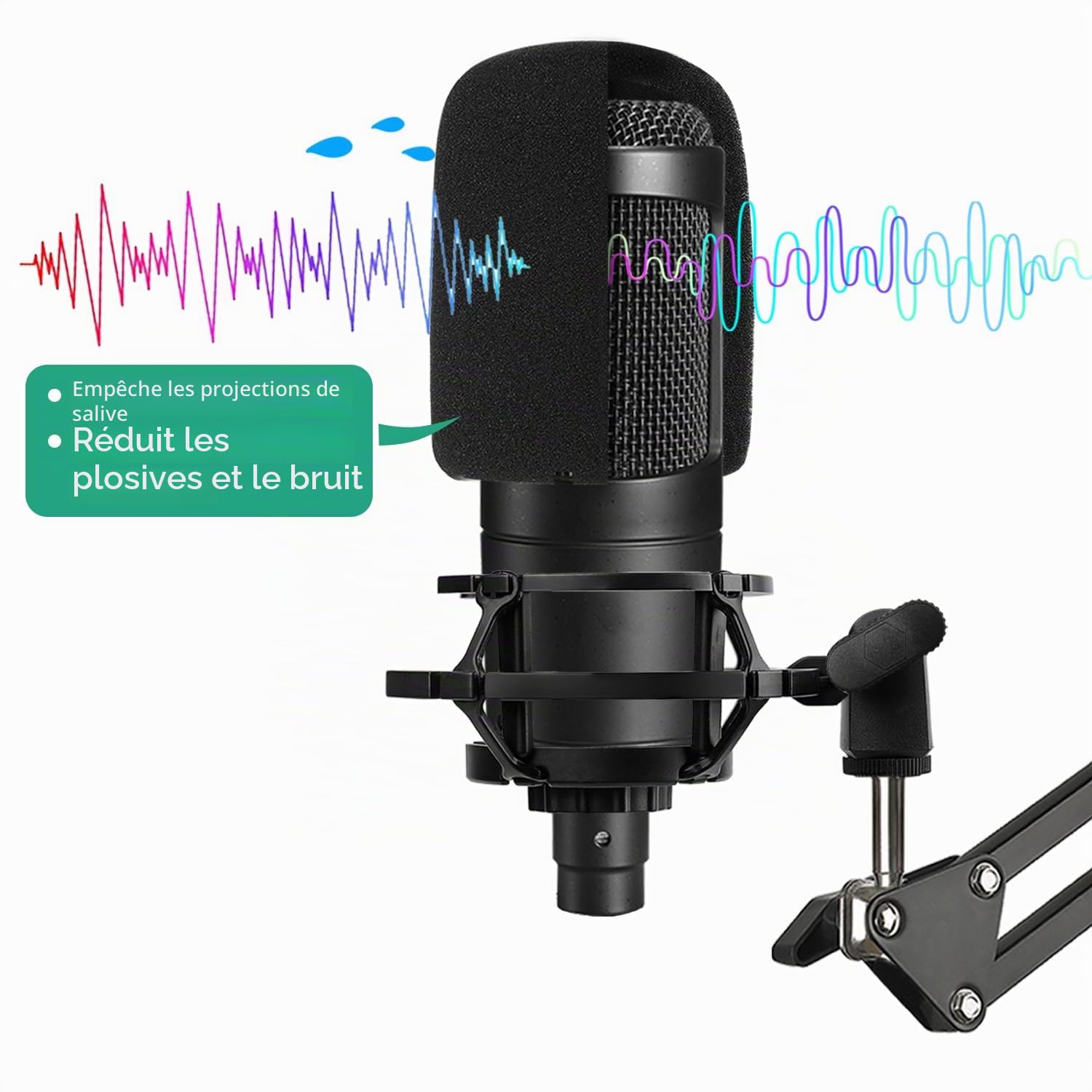 AT2020 Bras de microphone réglable avec support anti-chocs, protection contre le vent en mousse et serre-câbles pour AT2020 AT2020USB AT2020USB+ AT2035 Mic